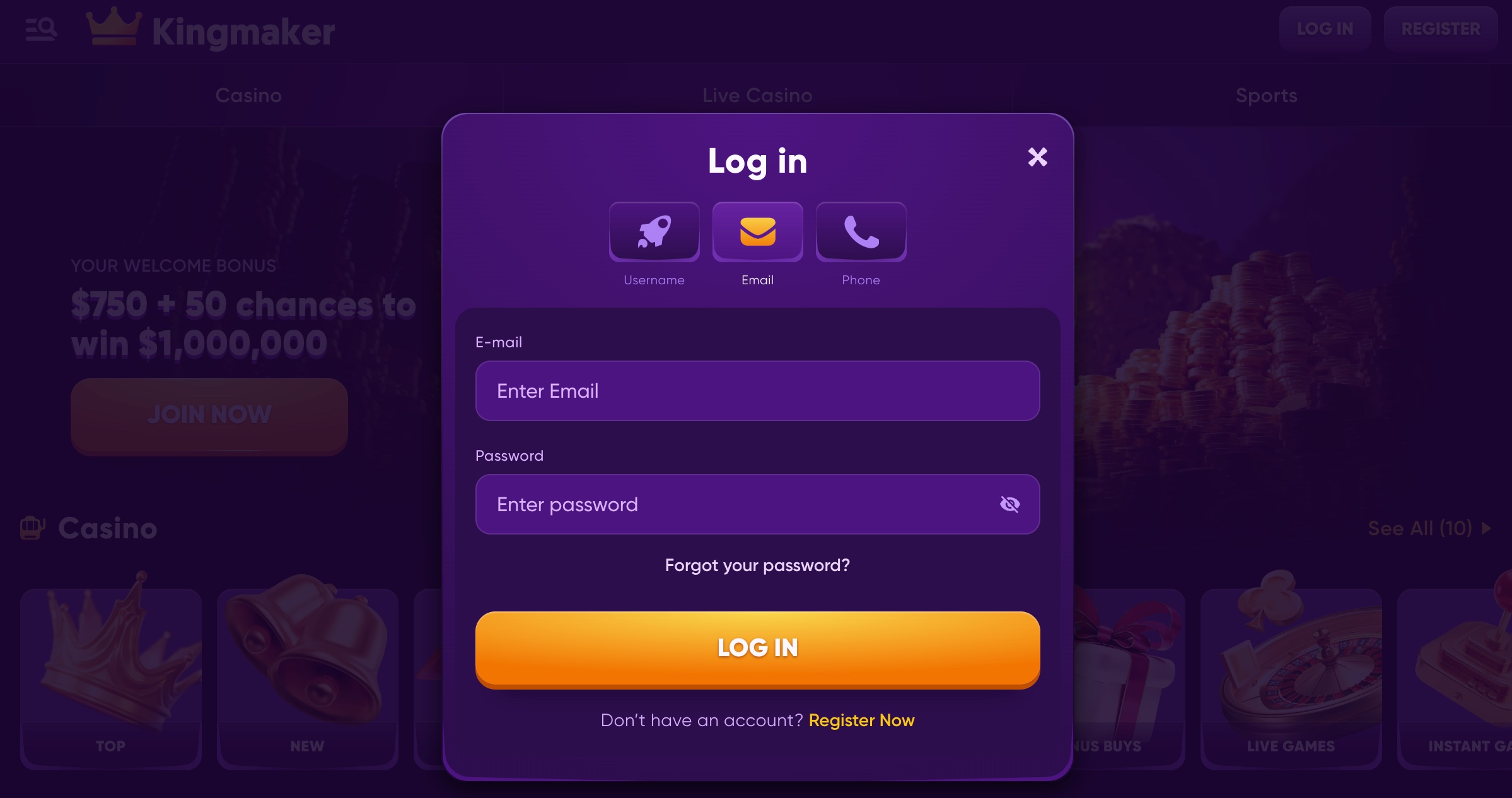 Kingmaker login Register